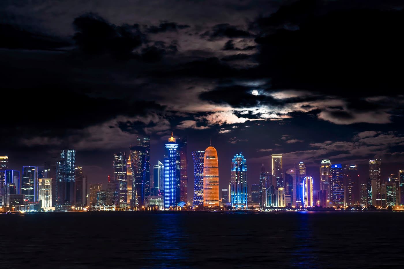 Doha skyline and Corniche at night